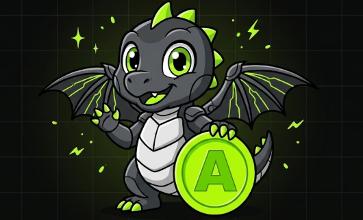 Aurexito, el dragón mecánico de Aurex, sosteniendo una moneda con la letra A